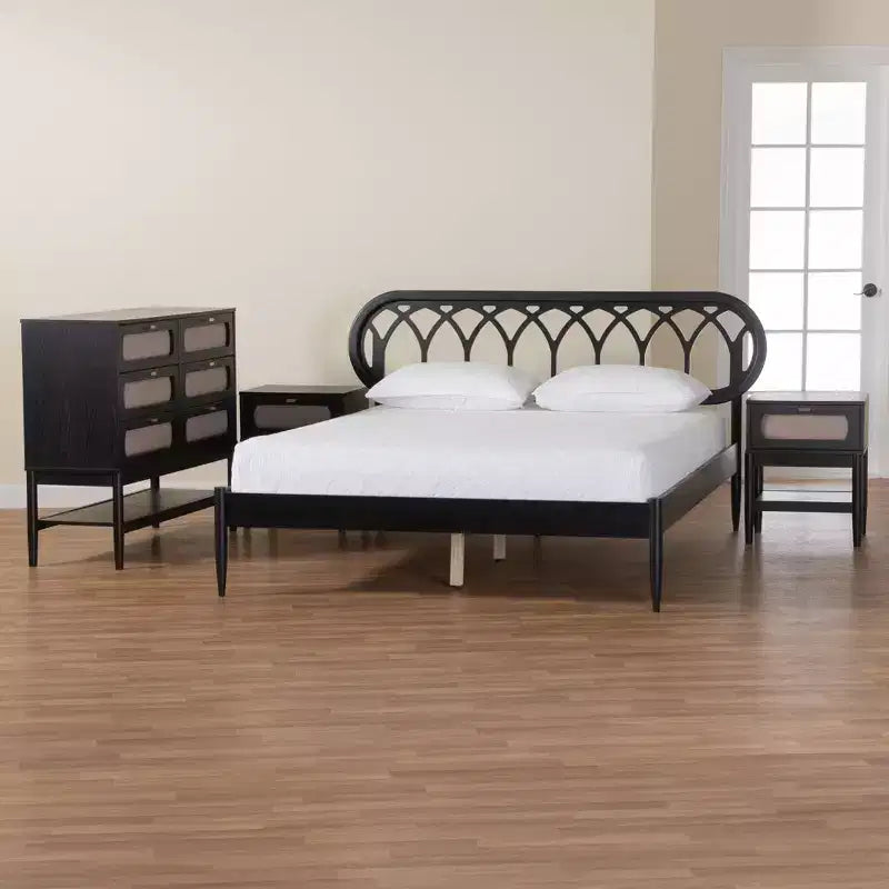 Baxton Studio Florica Art Deco Black Wood Queen 4-Piece Bedroom Set with Two Nightstands