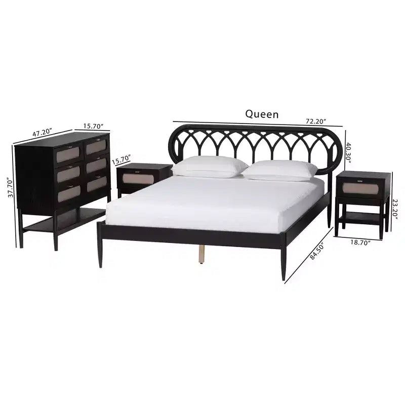 Baxton Studio Florica Art Deco Black Wood Queen 4-Piece Bedroom Set with Two Nightstands