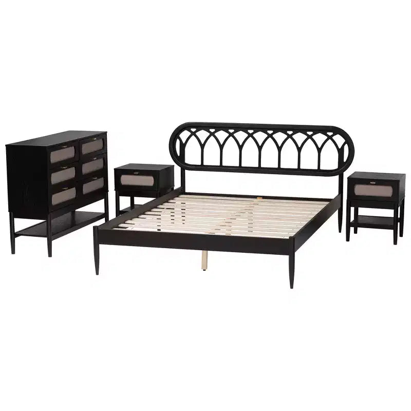 Baxton Studio Florica Art Deco Black Wood Queen 4-Piece Bedroom Set with Two Nightstands