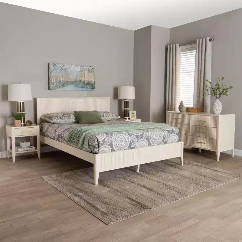 Baxton Studio Primrose Mid-Century Ivory Fluted Wood 4-Piece Bedroom Set