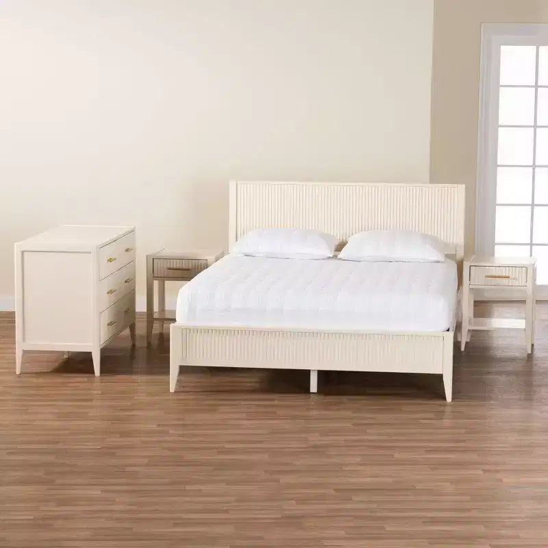 Baxton Studio Primrose Mid-Century Ivory Fluted Wood 4-Piece Bedroom Set