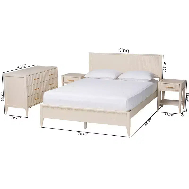 Baxton Studio Primrose Mid-Century Ivory Fluted Wood 4-Piece Bedroom Set