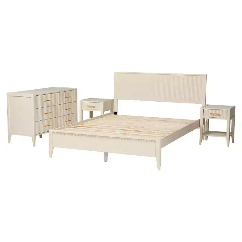 Baxton Studio Primrose Mid-Century Ivory Fluted Wood 4-Piece Bedroom Set