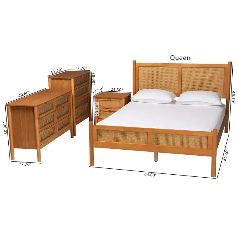 Ensemble de chambre à coucher 4 pièces Japandi Baxton Studio Jenn en bois brun doré avec rotin à finition vieillie, taille Queen