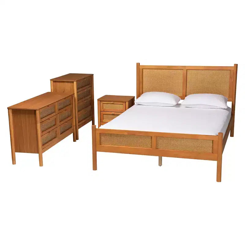 Ensemble de chambre à coucher 4 pièces Japandi Baxton Studio Jenn en bois brun doré avec rotin à finition vieillie, taille Queen