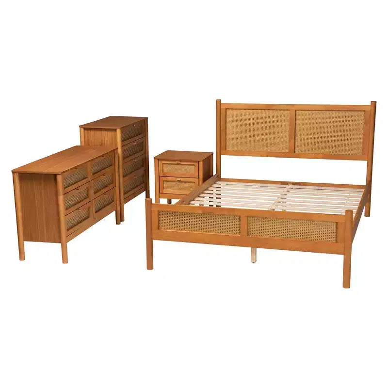 Ensemble de chambre à coucher 4 pièces Japandi Baxton Studio Jenn en bois brun doré avec rotin à finition vieillie, taille Queen