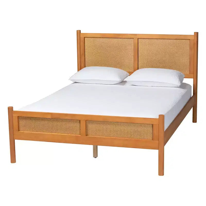 Ensemble de chambre à coucher 4 pièces Japandi Baxton Studio Jenn en bois brun doré avec rotin à finition vieillie, taille Queen