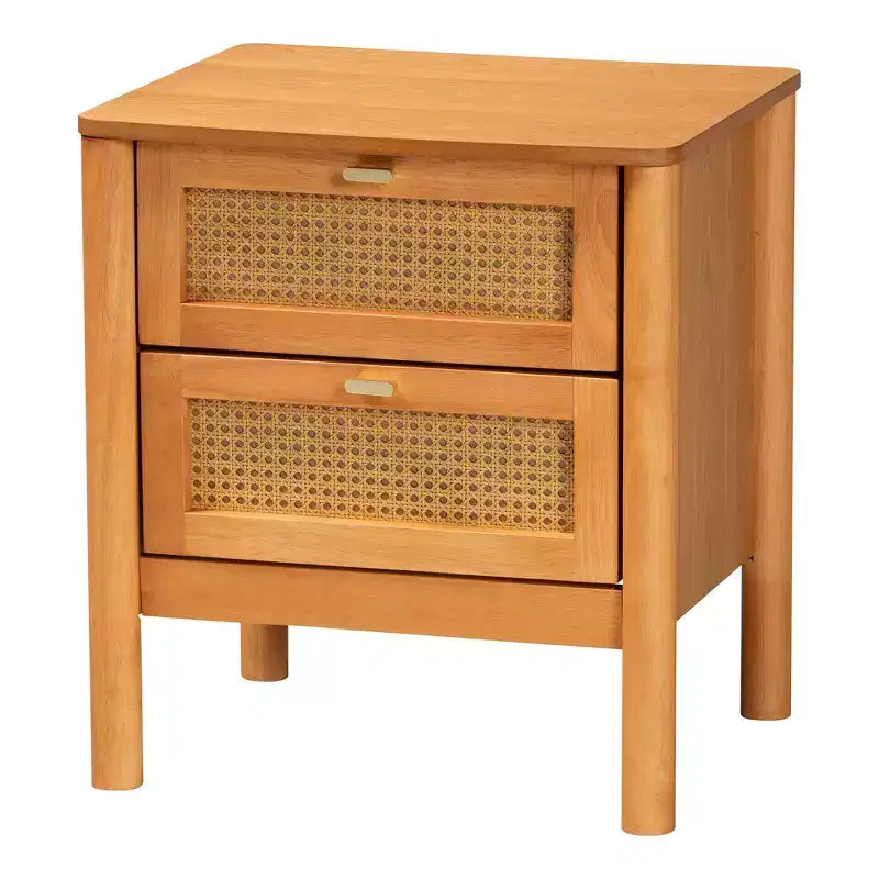 Ensemble de chambre à coucher 4 pièces Japandi Baxton Studio Jenn en bois brun doré avec rotin à finition vieillie, taille Queen