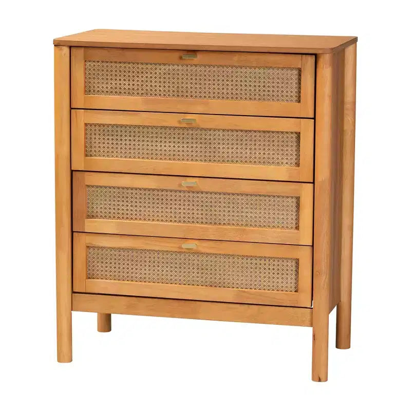Ensemble de chambre à coucher 4 pièces Japandi Baxton Studio Jenn en bois brun doré avec rotin à finition vieillie, taille Queen