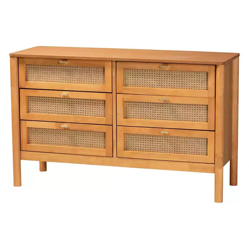 Ensemble de chambre à coucher 4 pièces Japandi Baxton Studio Jenn en bois brun doré avec rotin à finition vieillie, taille Queen