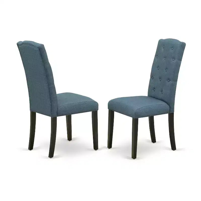 HomeStock 7 Piece Dinette Set Rectangle Table with Butterfly Leaf and 6 Mineral Blue Linen Fabric Chairs Black