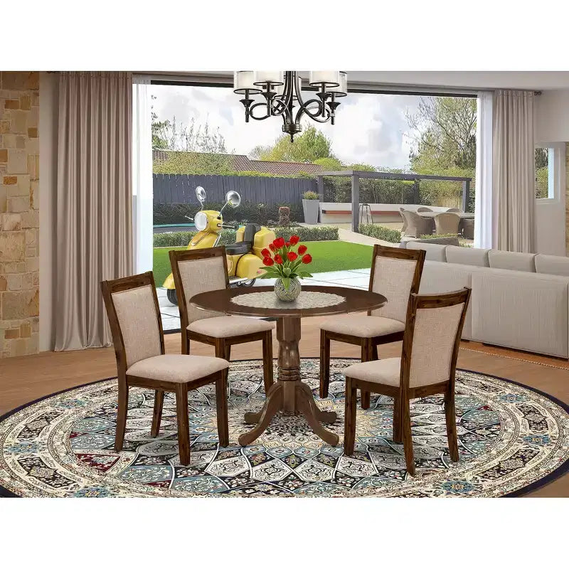 HomeStock 5 Piece Round Kitchen Table Set Linen Chairs Walnut Finish