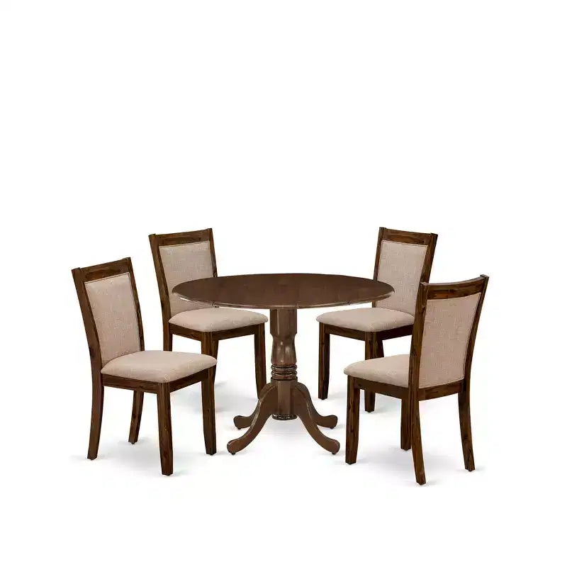 HomeStock 5 Piece Round Kitchen Table Set Linen Chairs Walnut Finish