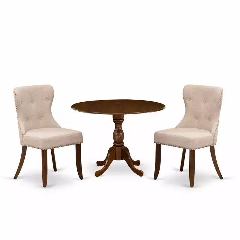 HomeStock Round Dinette Set Small Spaces Fabric Chairs Antique Walnut