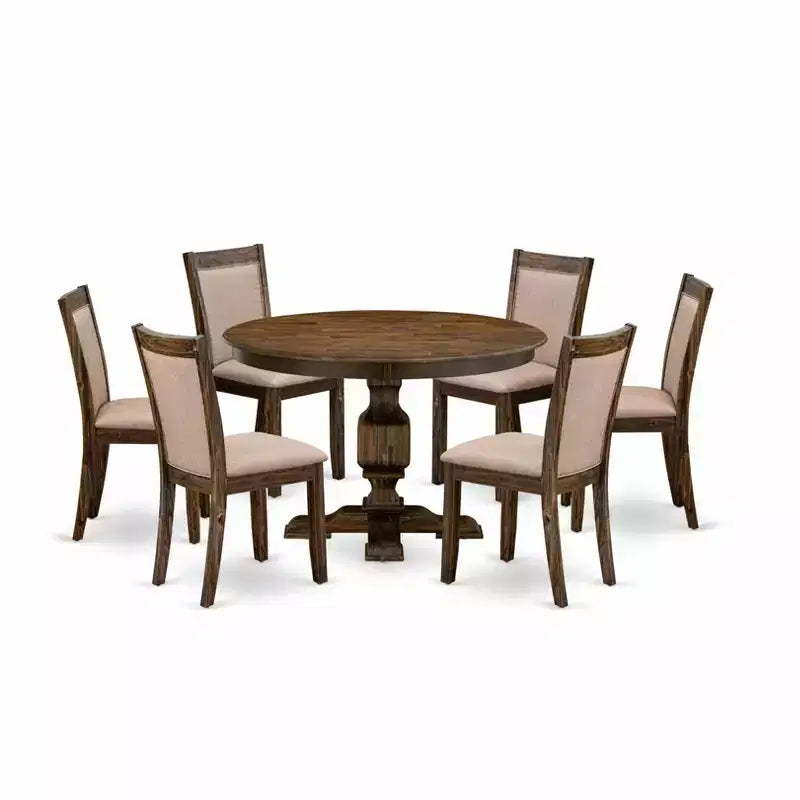Round Dining Table Set With 6 Chairs Linen Fabric Parsons Style Dining Set