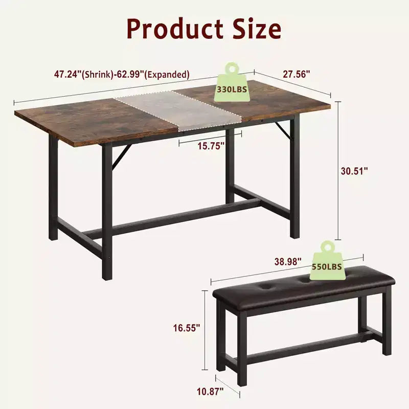 Ensemble de table à manger pour 4-6 personnes, grande table de cuisine en bois extensible pour 6 personnes, ensemble de table de cuisine rectangulaire avec 2 bancs rembourrés