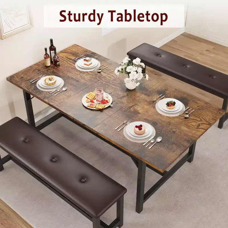 Ensemble de table à manger pour 4-6 personnes, grande table de cuisine en bois extensible pour 6 personnes, ensemble de table de cuisine rectangulaire avec 2 bancs rembourrés