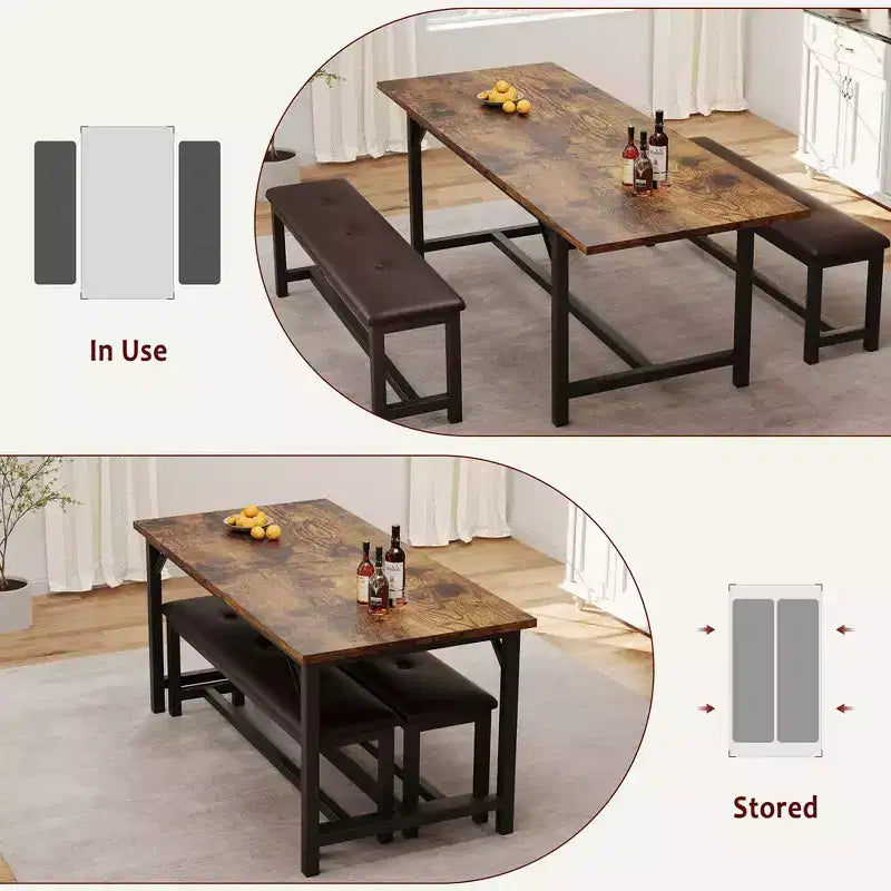 Ensemble de table à manger pour 4-6 personnes, grande table de cuisine en bois extensible pour 6 personnes, ensemble de table de cuisine rectangulaire avec 2 bancs rembourrés