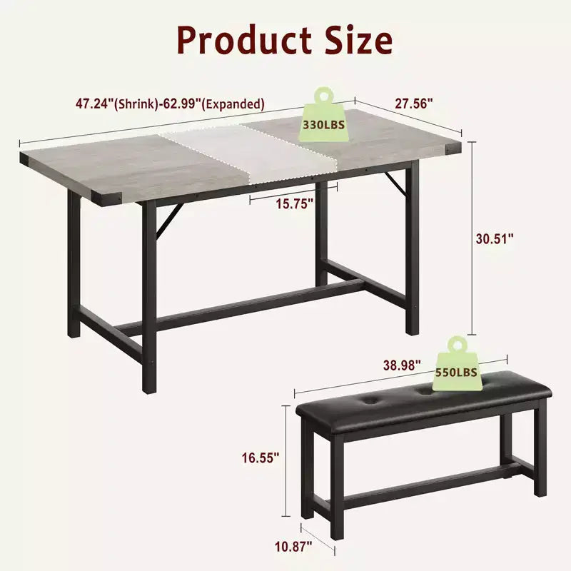 Ensemble de table à manger pour 4-6 personnes, grande table de cuisine en bois extensible pour 6 personnes, ensemble de table de cuisine rectangulaire avec 2 bancs rembourrés
