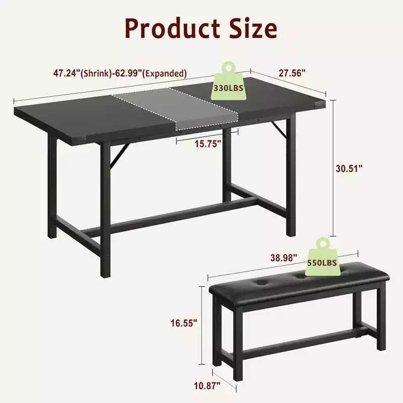 Ensemble de table à manger pour 4-6 personnes, grande table de cuisine en bois extensible pour 6 personnes, ensemble de table de cuisine rectangulaire avec 2 bancs rembourrés