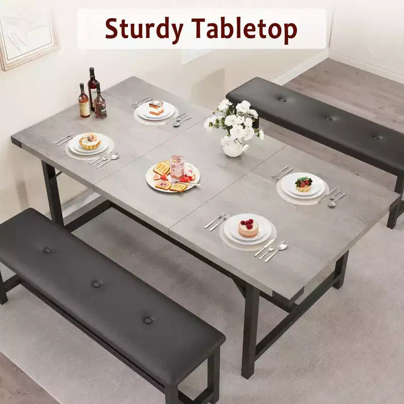 Ensemble de table à manger pour 4-6 personnes, grande table de cuisine en bois extensible pour 6 personnes, ensemble de table de cuisine rectangulaire avec 2 bancs rembourrés