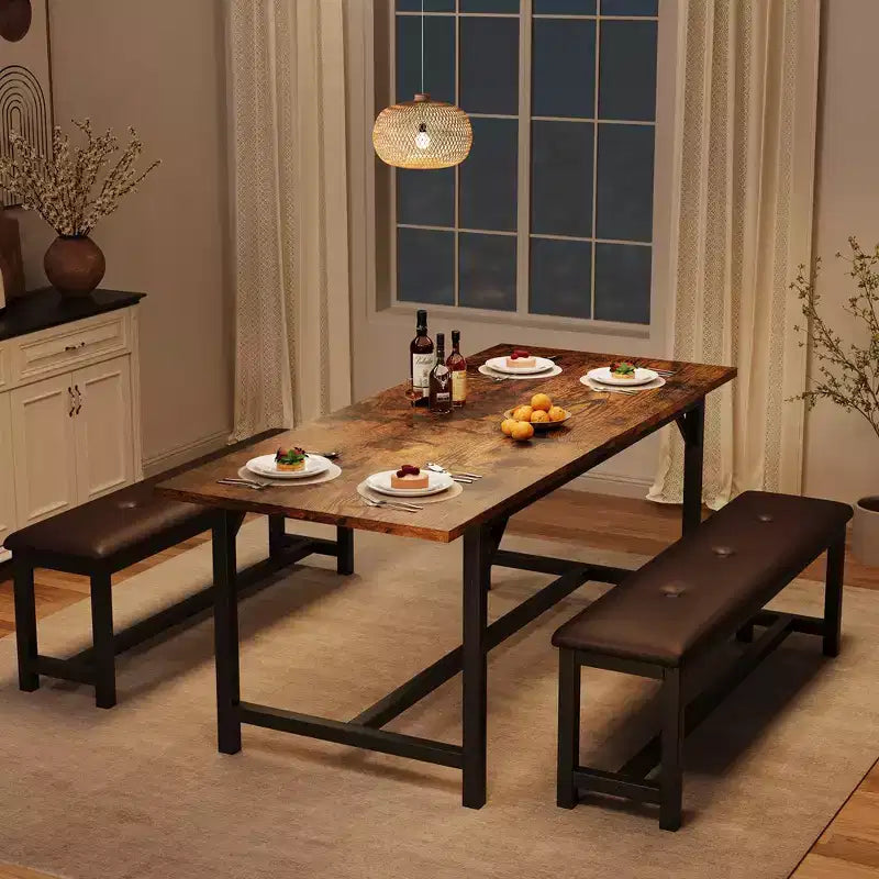Ensemble de table à manger pour 4-6 personnes, grande table de cuisine en bois extensible pour 6 personnes, ensemble de table de cuisine rectangulaire avec 2 bancs rembourrés