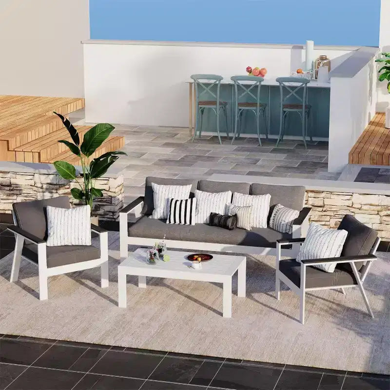 Heynemo Patio Furniture, 4-Piece Patio Set with Coffee Table, Modern Aluminum Frame & Wooden Armrest, Outdoor Furniture for Balcony, Garden, Porch