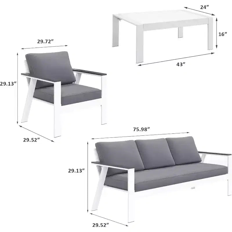 Heynemo Patio Furniture, 4-Piece Patio Set with Coffee Table, Modern Aluminum Frame & Wooden Armrest, Outdoor Furniture for Balcony, Garden, Porch