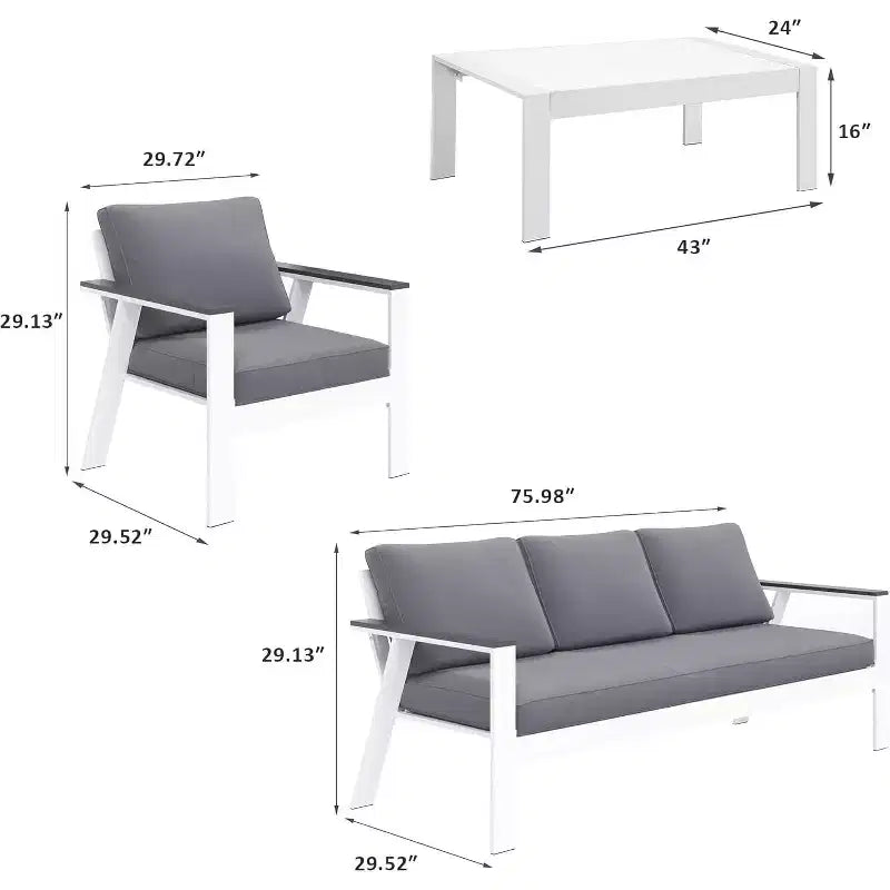 Heynemo Patio Furniture, 4-Piece Patio Set with Coffee Table, Modern Aluminum Frame & Wooden Armrest, Outdoor Furniture for Balcony, Garden, Porch