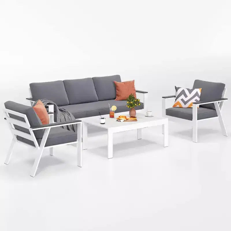 Heynemo Patio Furniture, 4-Piece Patio Set with Coffee Table, Modern Aluminum Frame & Wooden Armrest, Outdoor Furniture for Balcony, Garden, Porch