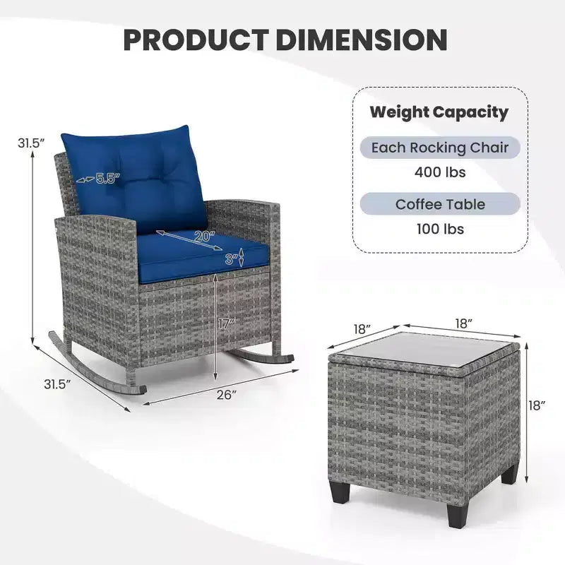 Costway Ensemble de 3 fauteuils à bascule en osier pour terrasse avec table en verre trempé et coussins moelleux Bleu marine/Gris