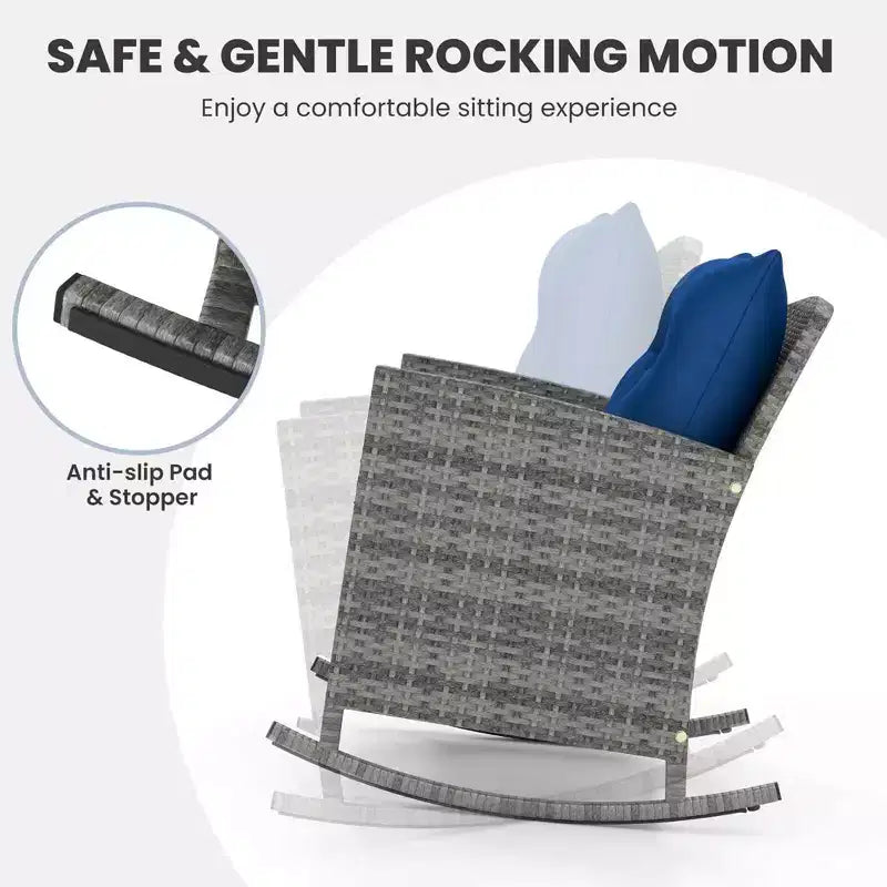 Costway Ensemble de 3 fauteuils à bascule en osier pour terrasse avec table en verre trempé et coussins moelleux Bleu marine/Gris