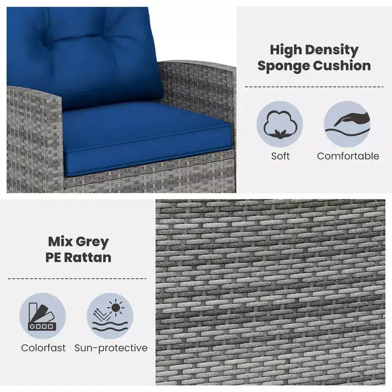 Costway Ensemble de 3 fauteuils à bascule en osier pour terrasse avec table en verre trempé et coussins moelleux Bleu marine/Gris