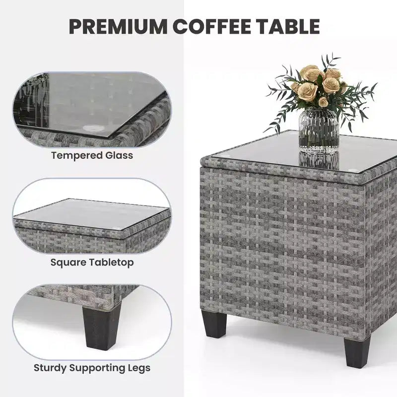 Costway Ensemble de 3 fauteuils à bascule en osier pour terrasse avec table en verre trempé et coussins moelleux Bleu marine/Gris