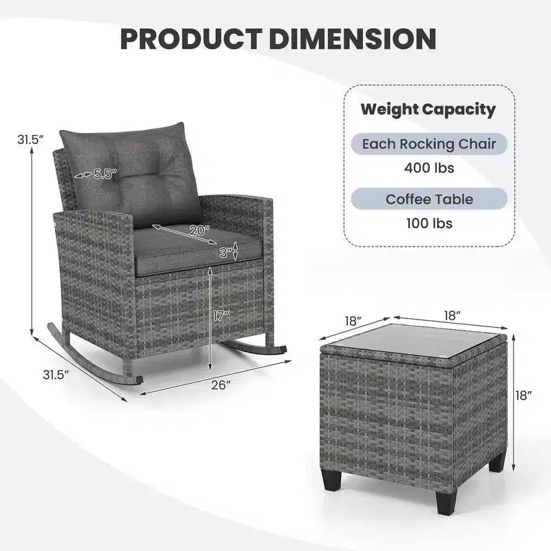 Costway Ensemble de 3 fauteuils à bascule en osier pour terrasse avec table en verre trempé et coussins moelleux Bleu marine/Gris