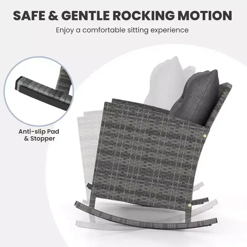 Costway Ensemble de 3 fauteuils à bascule en osier pour terrasse avec table en verre trempé et coussins moelleux Bleu marine/Gris
