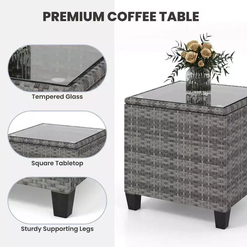 Costway Ensemble de 3 fauteuils à bascule en osier pour terrasse avec table en verre trempé et coussins moelleux Bleu marine/Gris