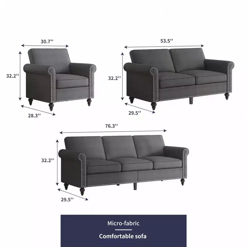 Mjkone 3 Piece Linen Living Room Sofa Set,Modern 3-Seater Sofa Couch&Loveseat Sofa&Single Sofa Armchair Set
