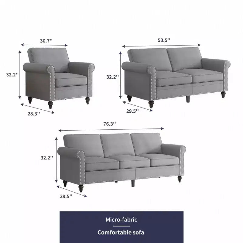 Mjkone 3 Piece Linen Living Room Sofa Set,Modern 3-Seater Sofa Couch&Loveseat Sofa&Single Sofa Armchair Set
