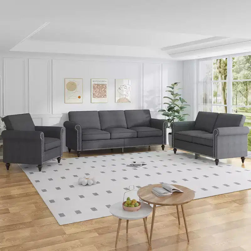 Mjkone 3 Piece Linen Living Room Sofa Set,Modern 3-Seater Sofa Couch&Loveseat Sofa&Single Sofa Armchair Set