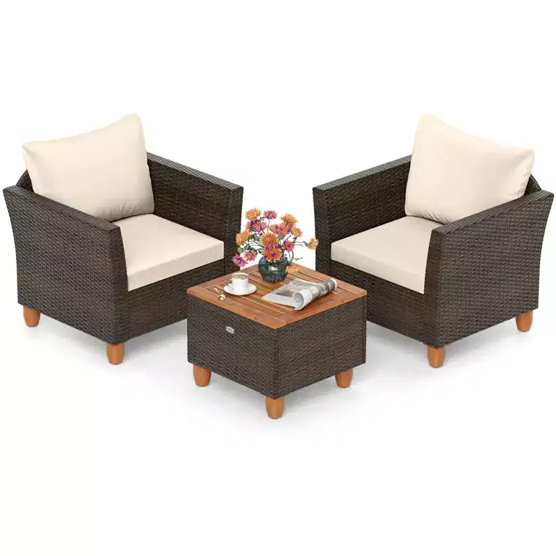 Costway 3 PCS Outdoor Patio Rattan Bistro Furniture Set Wooden Table Top Cushioned Sofa Gray/Black/Beige/Navy