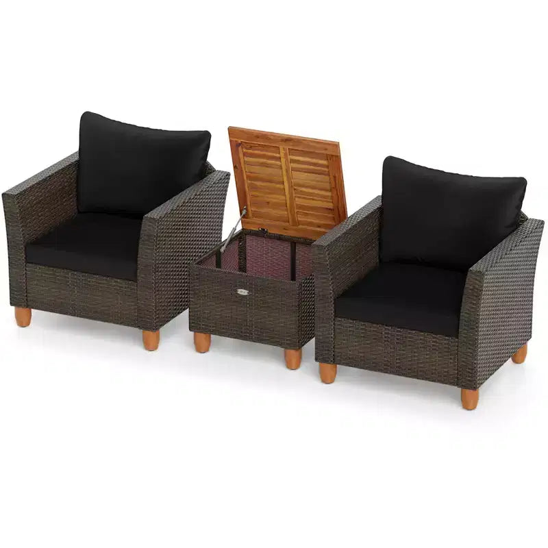 Costway 3 PCS Outdoor Patio Rattan Bistro Furniture Set Wooden Table Top Cushioned Sofa Gray/Black/Beige/Navy
