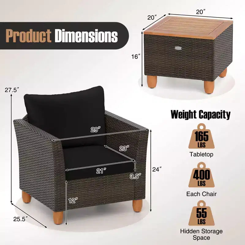 Costway 3 PCS Outdoor Patio Rattan Bistro Furniture Set Wooden Table Top Cushioned Sofa Gray/Black/Beige/Navy