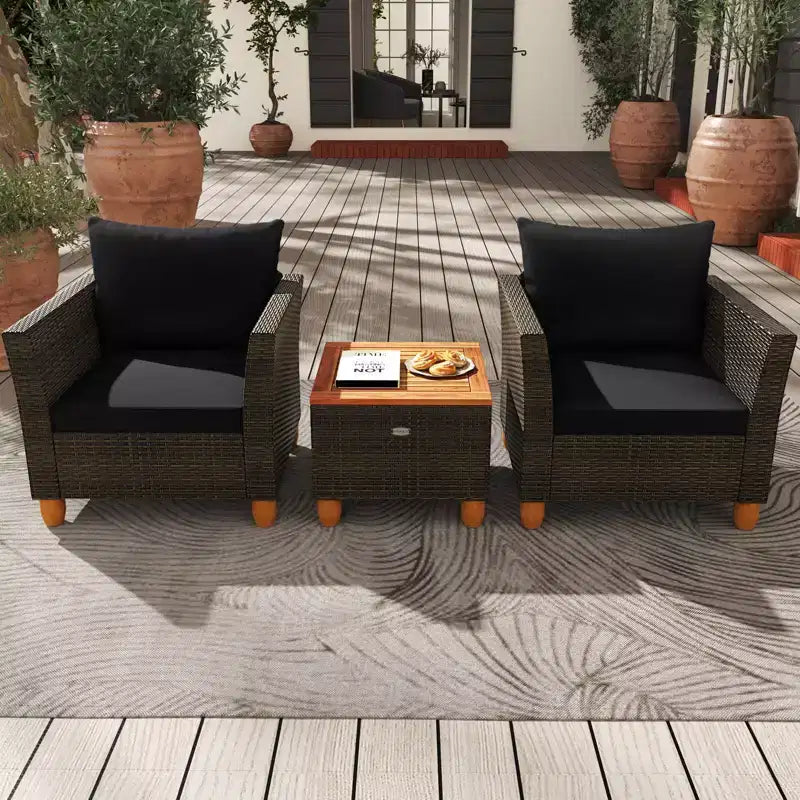 Costway 3 PCS Outdoor Patio Rattan Bistro Furniture Set Wooden Table Top Cushioned Sofa Gray/Black/Beige/Navy