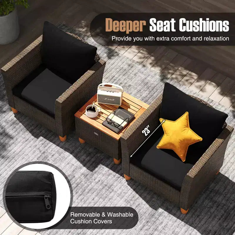 Costway 3 PCS Outdoor Patio Rattan Bistro Furniture Set Wooden Table Top Cushioned Sofa Gray/Black/Beige/Navy