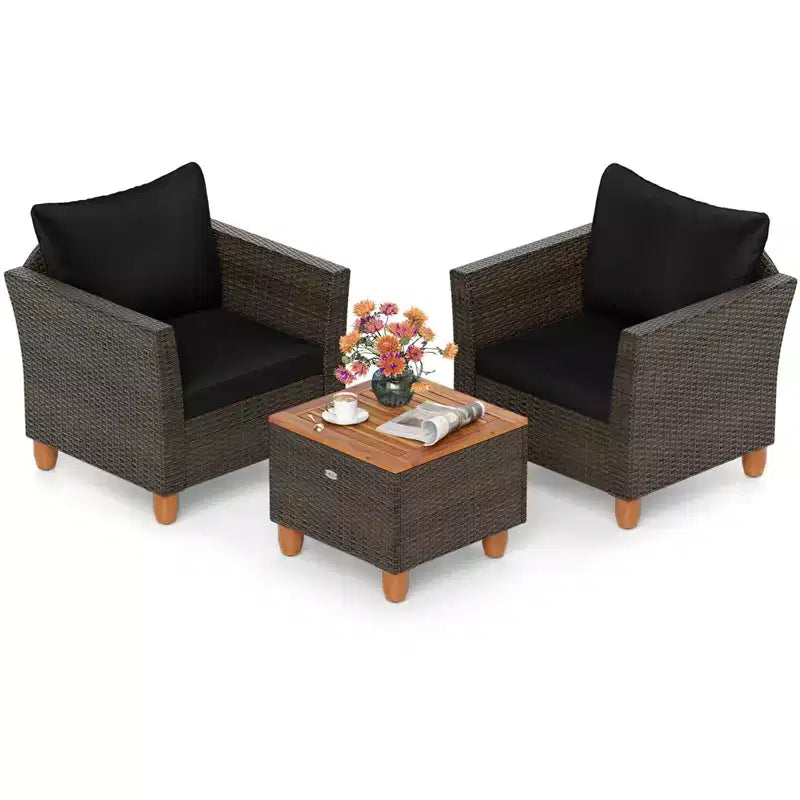 Costway 3 PCS Outdoor Patio Rattan Bistro Furniture Set Wooden Table Top Cushioned Sofa Gray/Black/Beige/Navy
