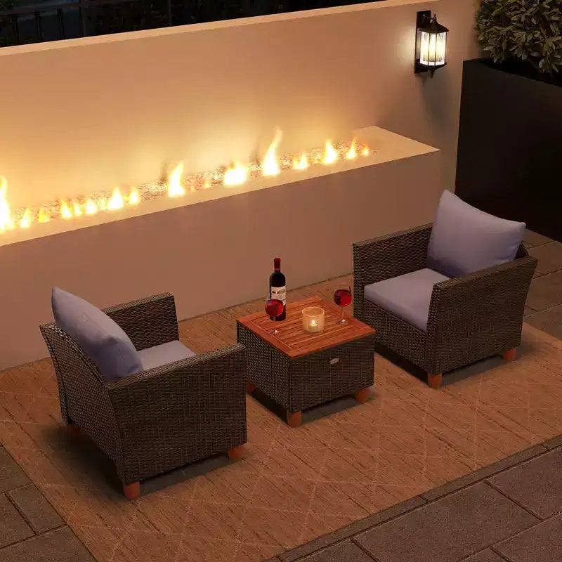 Costway 3 PCS Outdoor Patio Rattan Bistro Furniture Set Wooden Table Top Cushioned Sofa Gray/Black/Beige/Navy