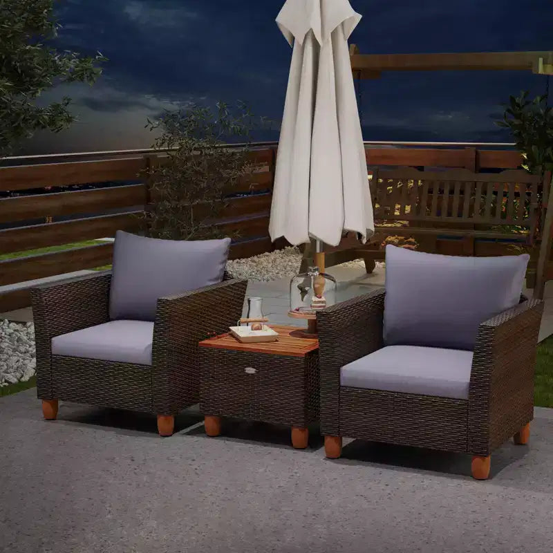 Costway 3 PCS Outdoor Patio Rattan Bistro Furniture Set Wooden Table Top Cushioned Sofa Gray/Black/Beige/Navy