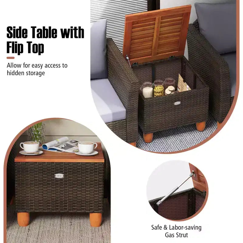Costway 3 PCS Outdoor Patio Rattan Bistro Furniture Set Wooden Table Top Cushioned Sofa Gray/Black/Beige/Navy