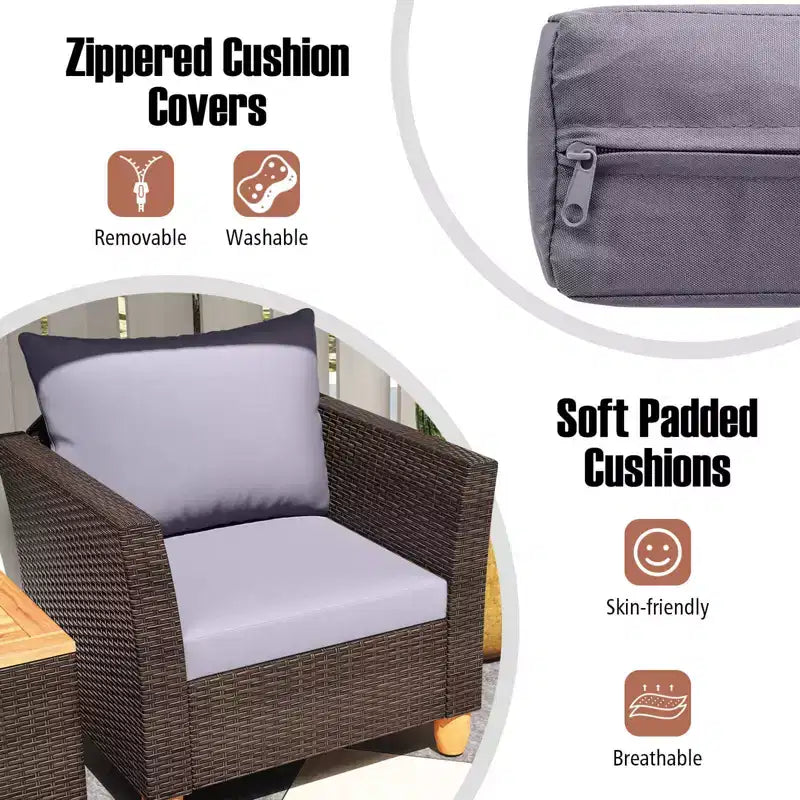 Costway 3 PCS Outdoor Patio Rattan Bistro Furniture Set Wooden Table Top Cushioned Sofa Gray/Black/Beige/Navy
